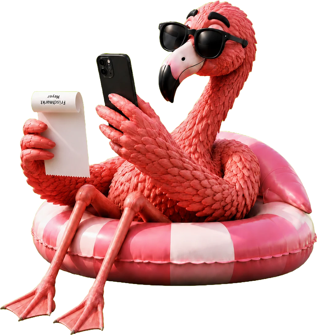 Roo, das giveroo-Maskottchen, entspannt im Schwimmreif mit Handy und Kassenbon